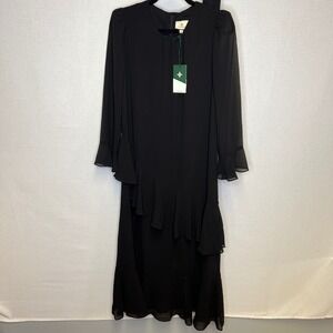Tuckernuck Black Ruffle Tiered Midi Dress Sheer Long Sleeve Y24688T NWT Size 4